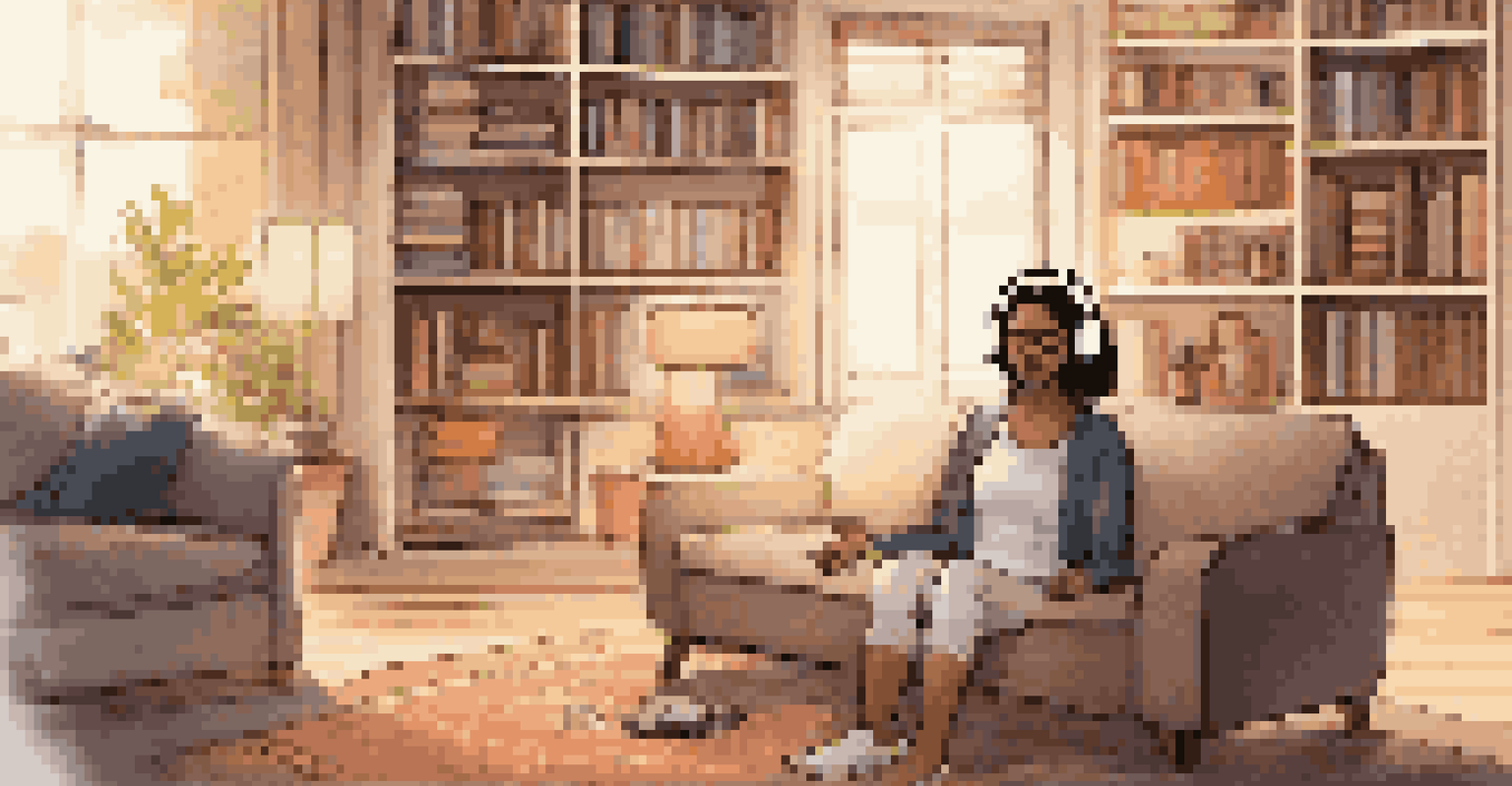 A person wearing a brain-sensing headband in a cozy living room, engaged in meditation.