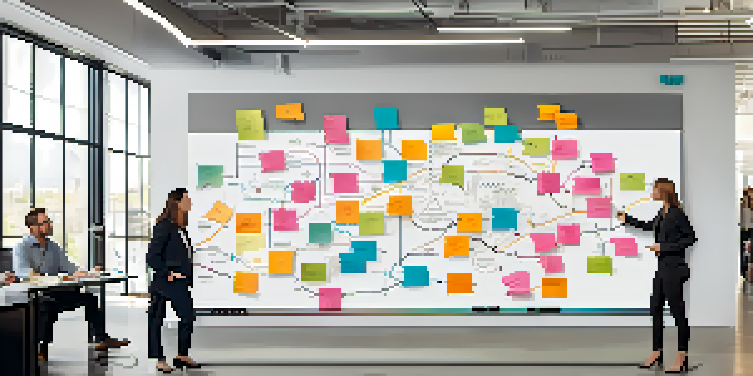 A diverse team of professionals discussing a customer journey map on a whiteboard filled with sticky notes and arrows, in a bright modern office.