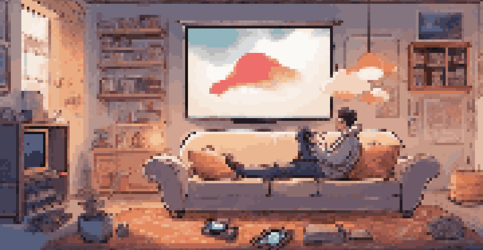 A person relaxing on a couch using a tablet for cloud gaming, with a cloud graphic above displaying various game icons in a cozy room.