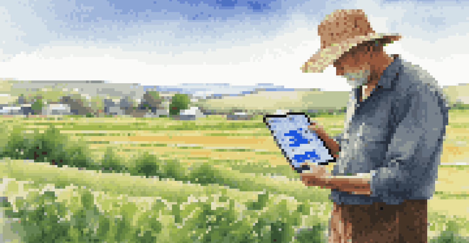 A farmer in a green field using a digital tablet to view climate data and predictions, under a clear blue sky.