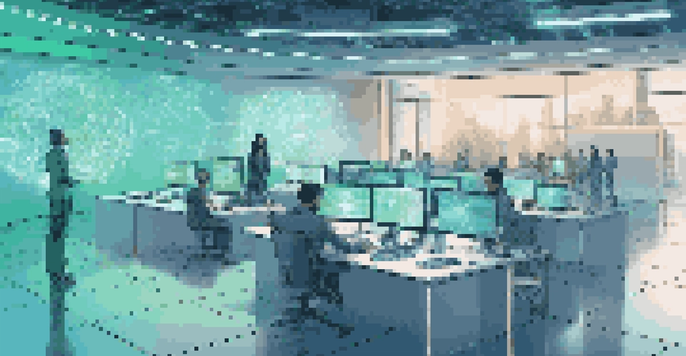 A modern office environment with professionals working together, surrounded by screens showing data analytics and blockchain networks, illuminated with blue and green lighting.