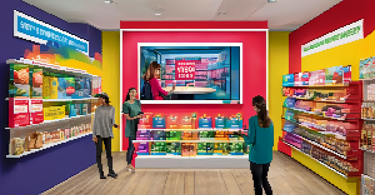 Shoppers interacting with an augmented reality marketing display in a colorful retail environment.