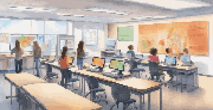 A modern classroom with diverse students using biometric devices to access computers.