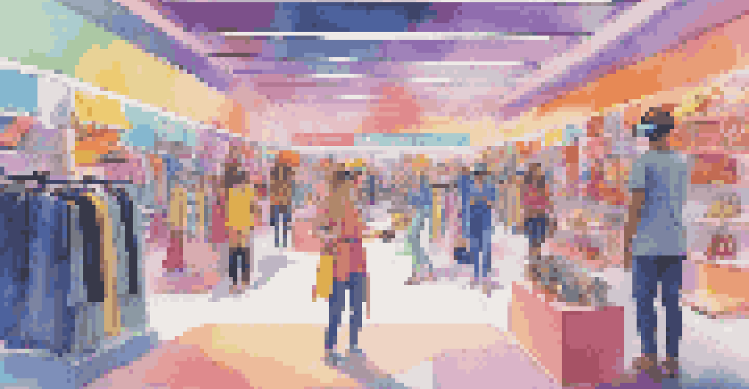 A shopper in a virtual reality store, interacting with colorful clothing and accessories while wearing a VR headset.