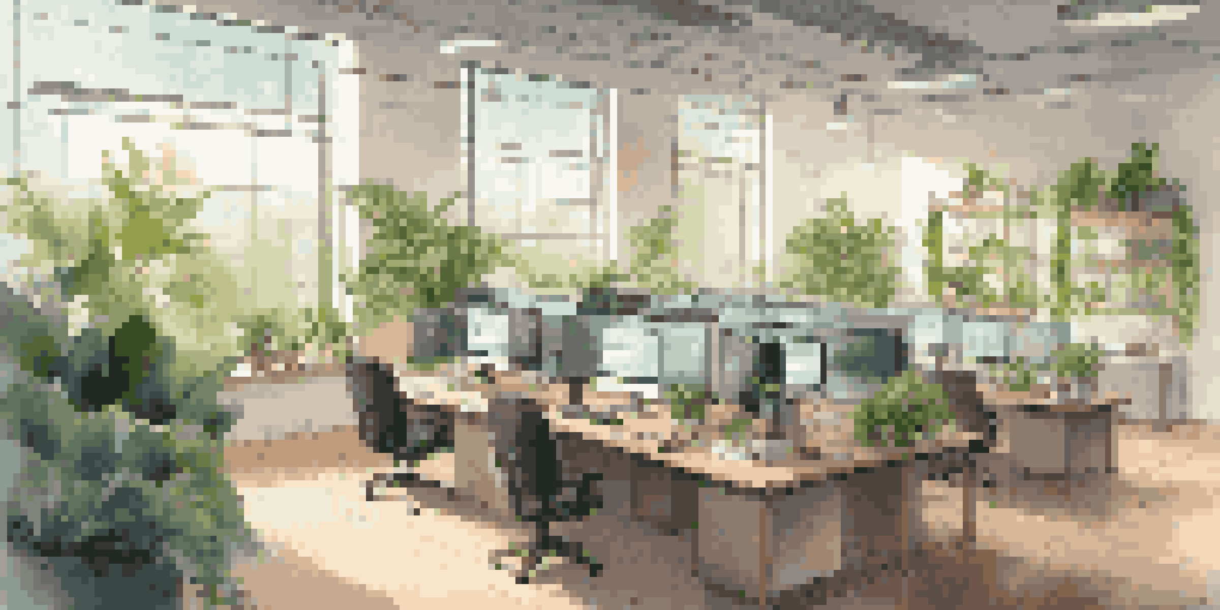 A modern office workspace with plants and eco-friendly software on a computer, illuminated by sunlight.