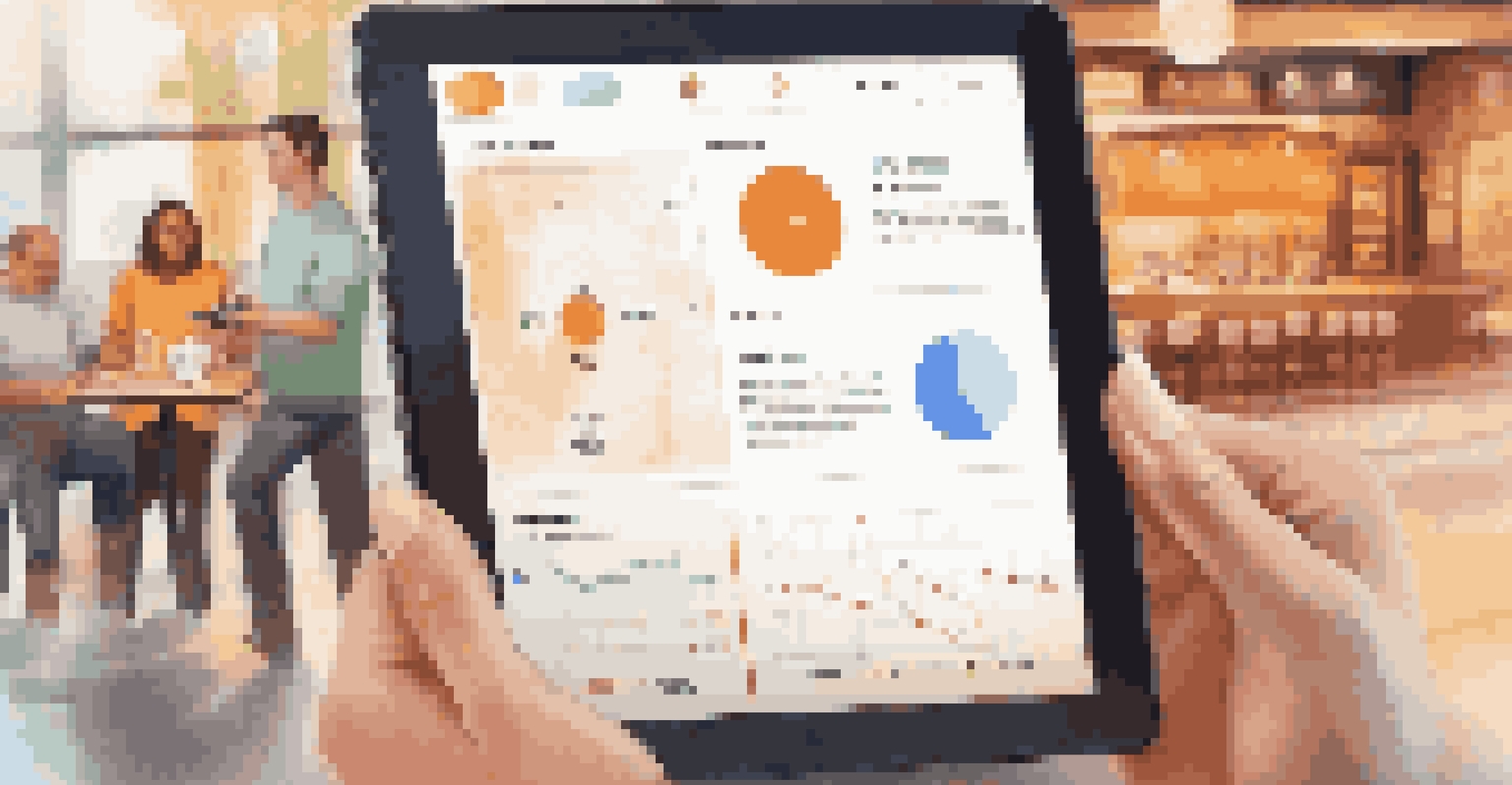 A tablet showing an AI financial app interface with graphs, set against a cozy cafe background with people talking.