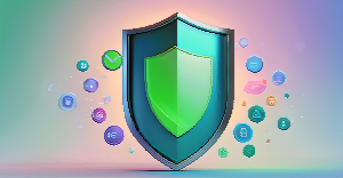 A close-up of a digital identity shield surrounded by colorful tokens, symbolizing personal data protection with a blue and green gradient background.