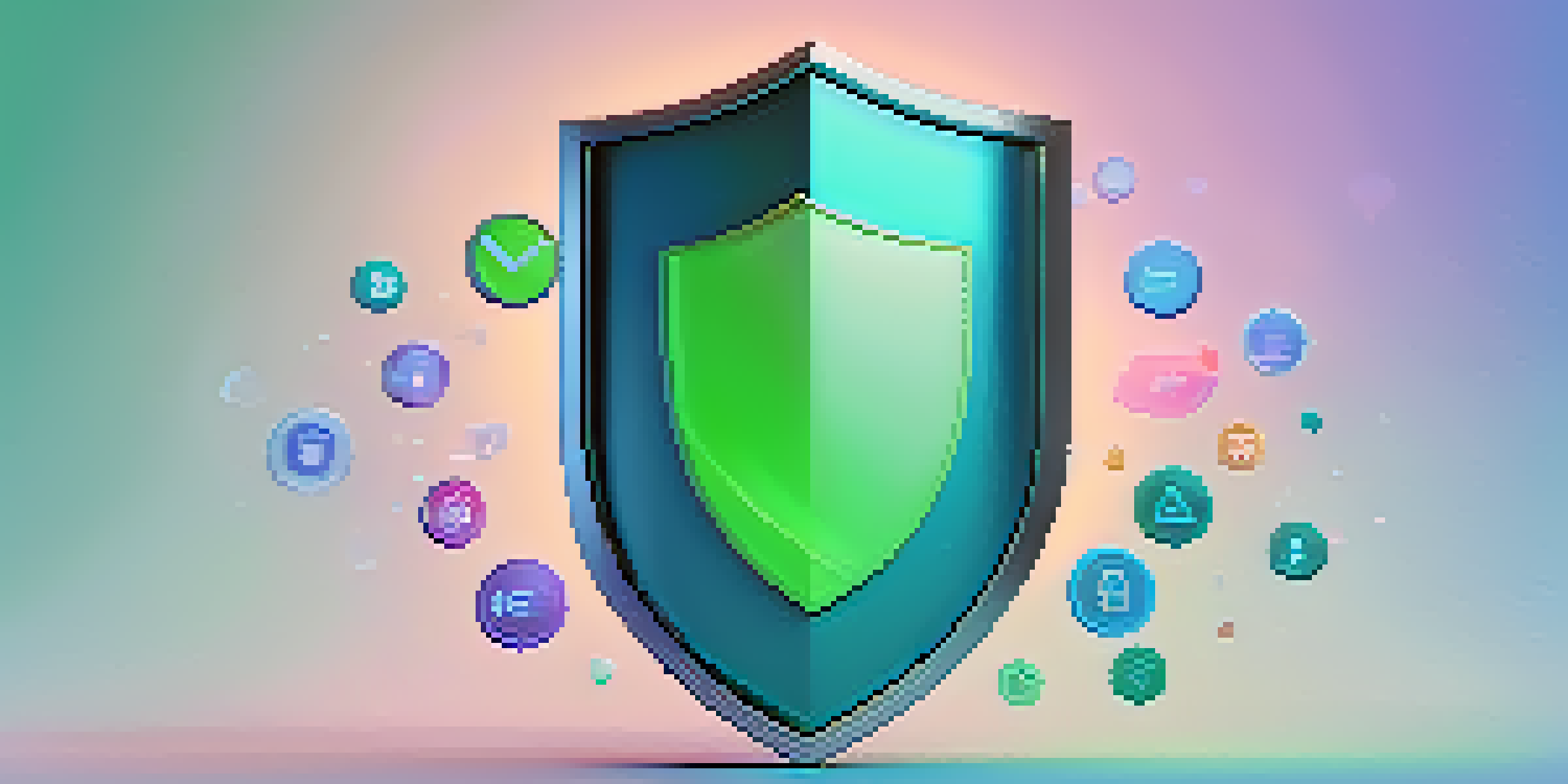 A close-up of a digital identity shield surrounded by colorful tokens, symbolizing personal data protection with a blue and green gradient background.