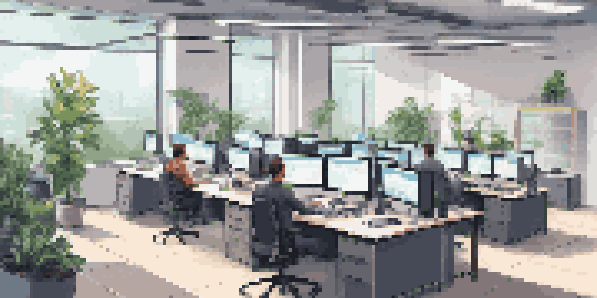 A modern IT support office featuring multiple screens showing virtual machines, with IT professionals collaborating in a well-lit space.