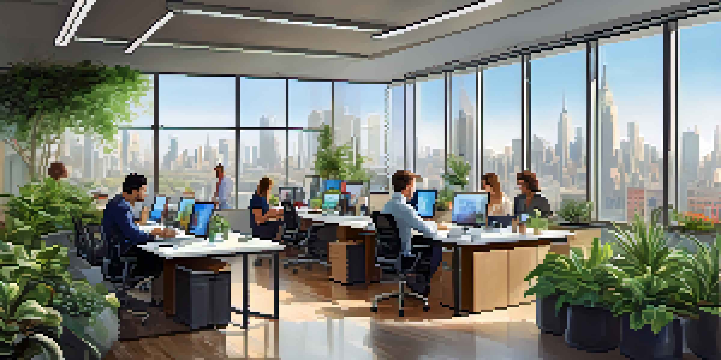 A bright and modern office space with employees collaborating around a large table, laptops open, and a city skyline visible through the window.