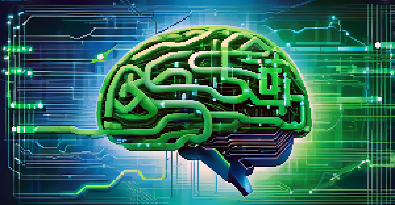An abstract digital brain connected to financial symbols, with a blue and green gradient background representing technology and finance.