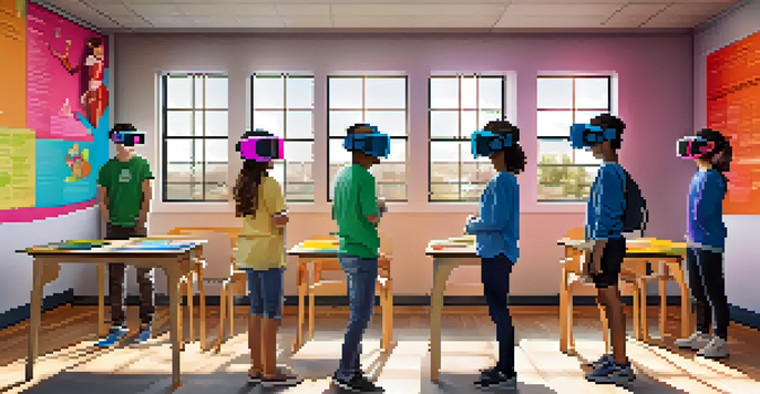 Students in a classroom wearing virtual reality headsets, engaged in a 3D exploration of the human body.