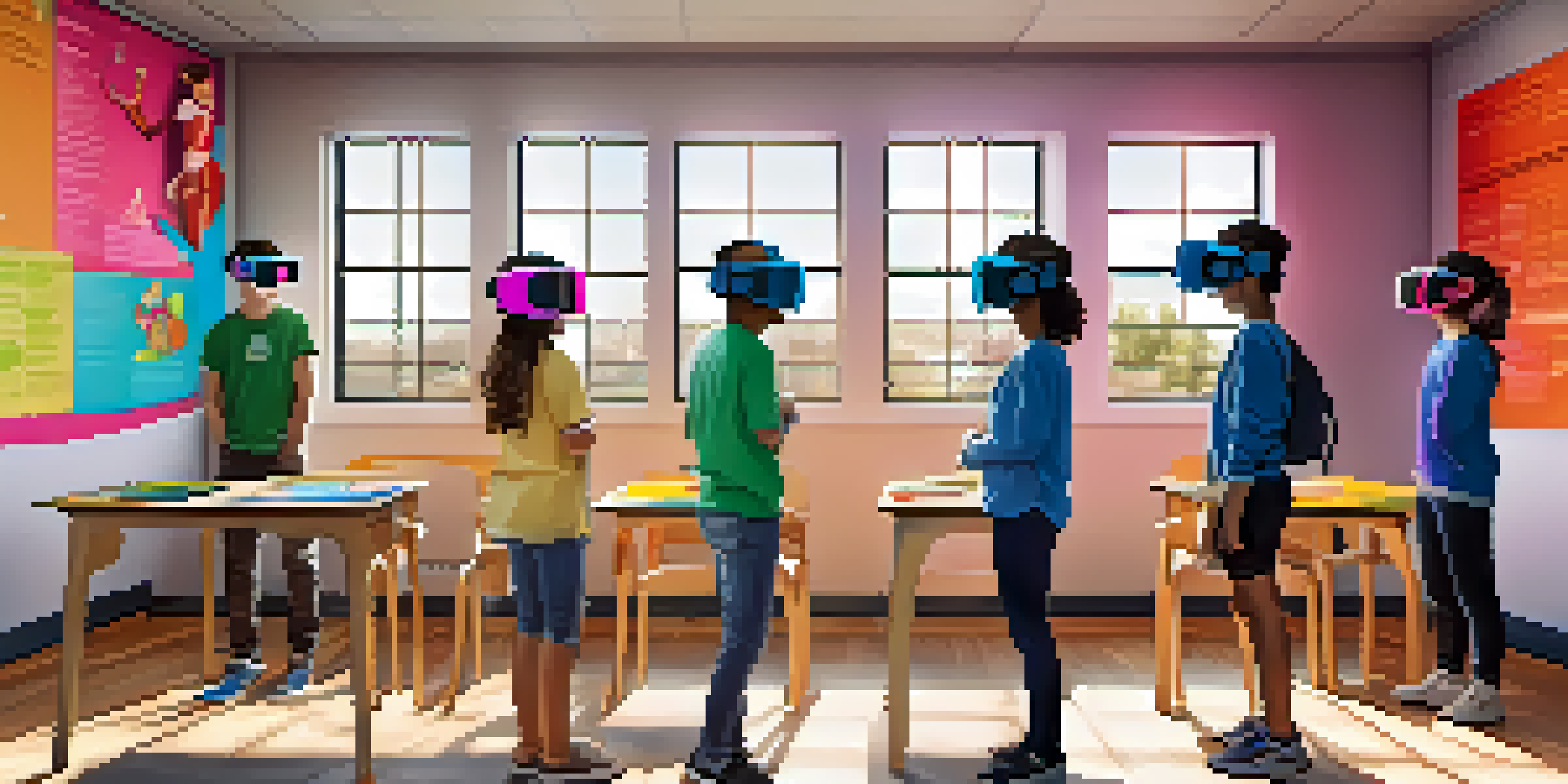 Students in a classroom wearing virtual reality headsets, engaged in a 3D exploration of the human body.