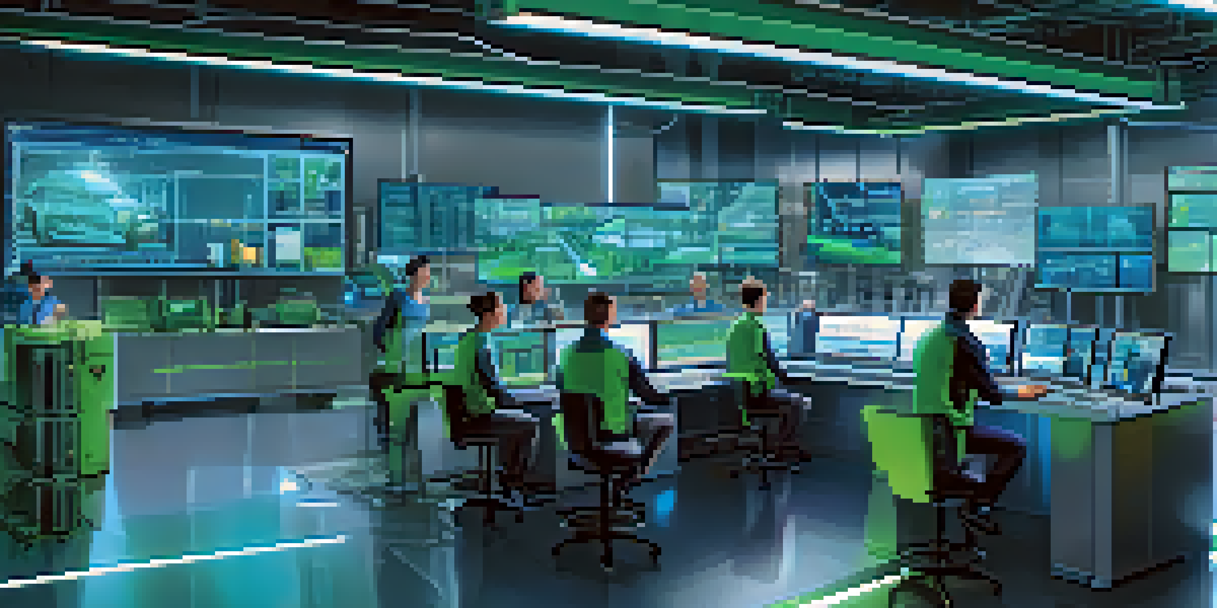 Engineers collaborating in a high-tech manufacturing facility, with a digital twin interface displayed on a large screen and machinery in the background.