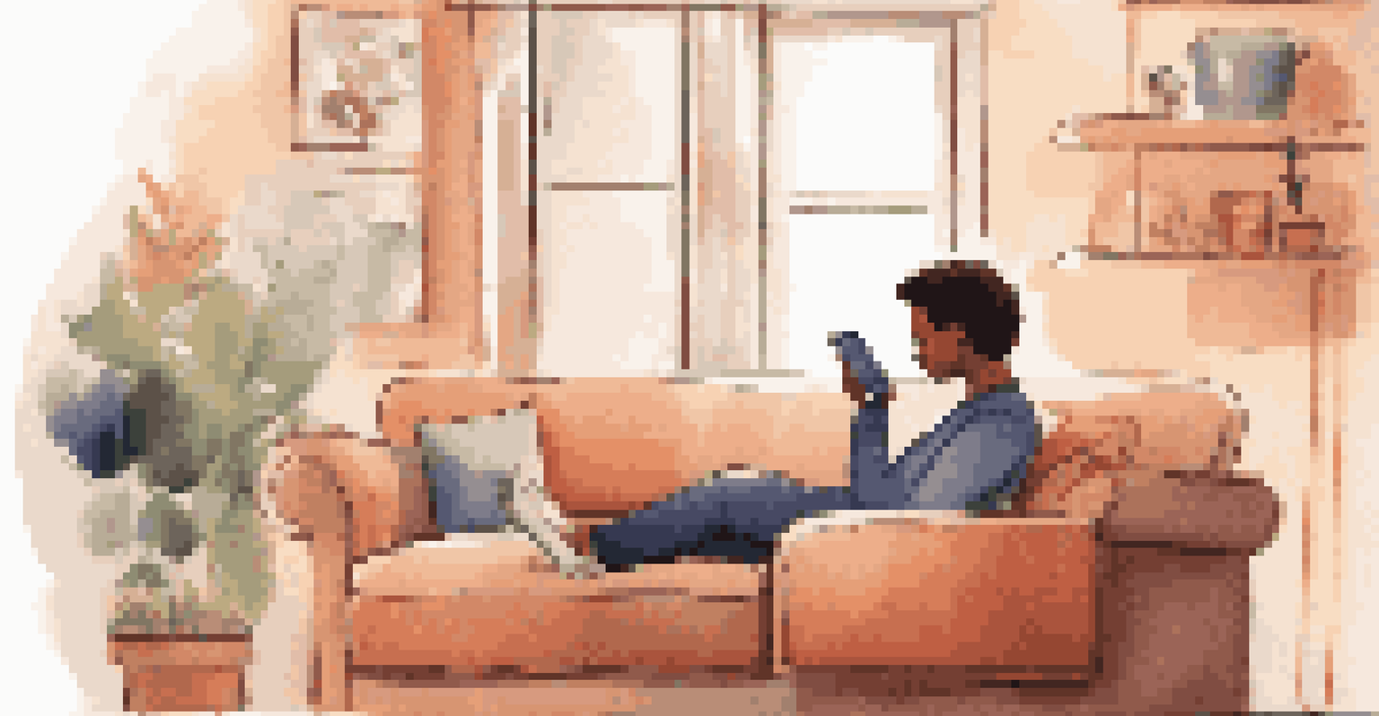 A person testing a mobile app on a smartphone, sitting on a couch with a cozy home decor background.