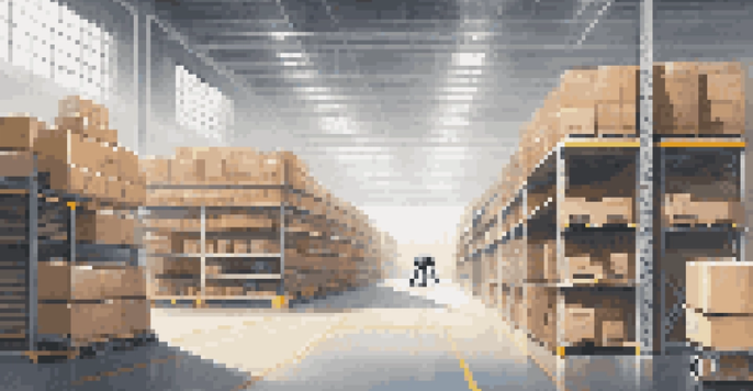 A bright, modern warehouse with robotic systems organizing inventory on shelves, showcasing advanced technology and a clean environment.