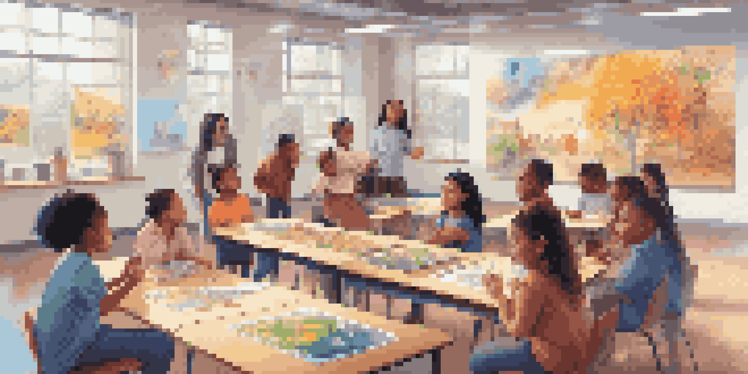 A classroom with diverse students interacting with a 3D holographic model of a cell using Augmented Reality, surrounded by colorful educational materials and bright natural light.