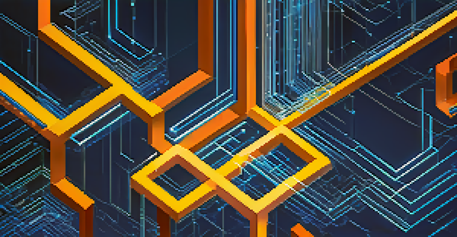 An abstract illustration of blockchain technology with glowing interconnected data blocks on a blue background.