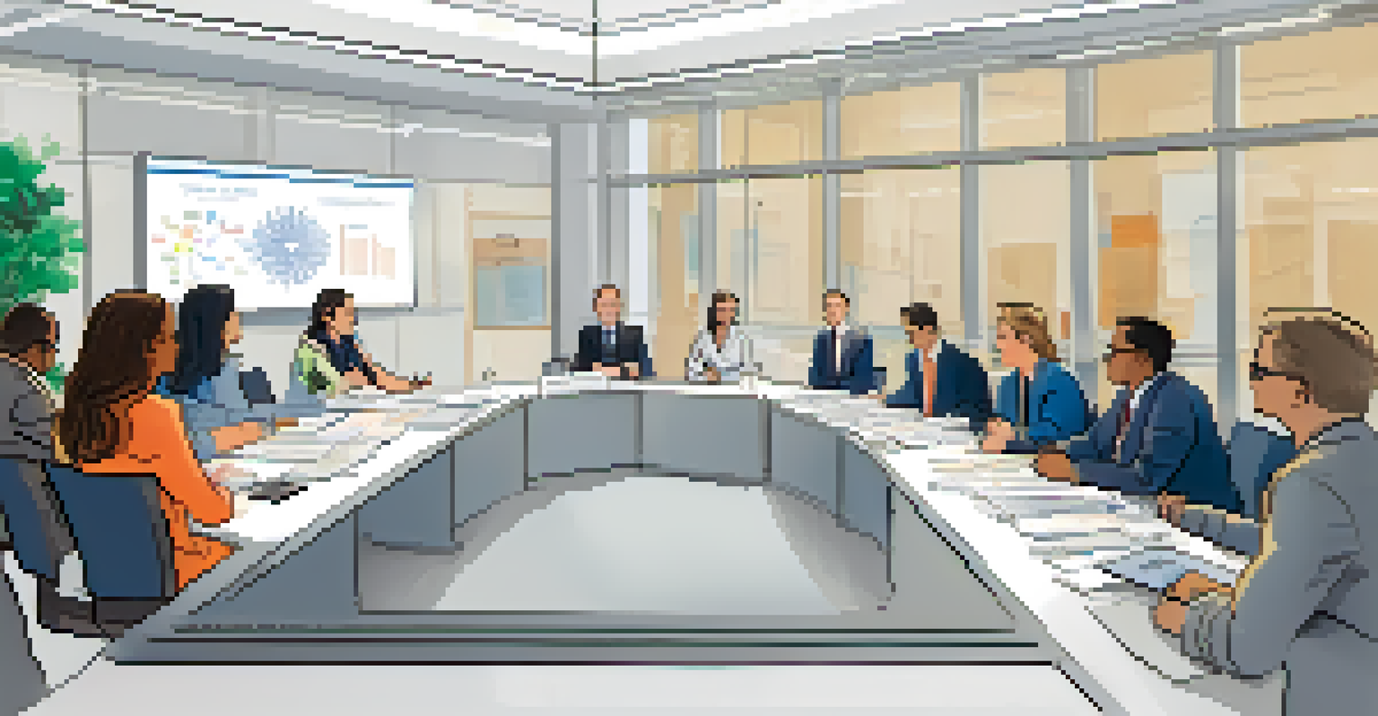 A Data Governance Council meeting with representatives discussing data governance policies around a circular table in a bright room.