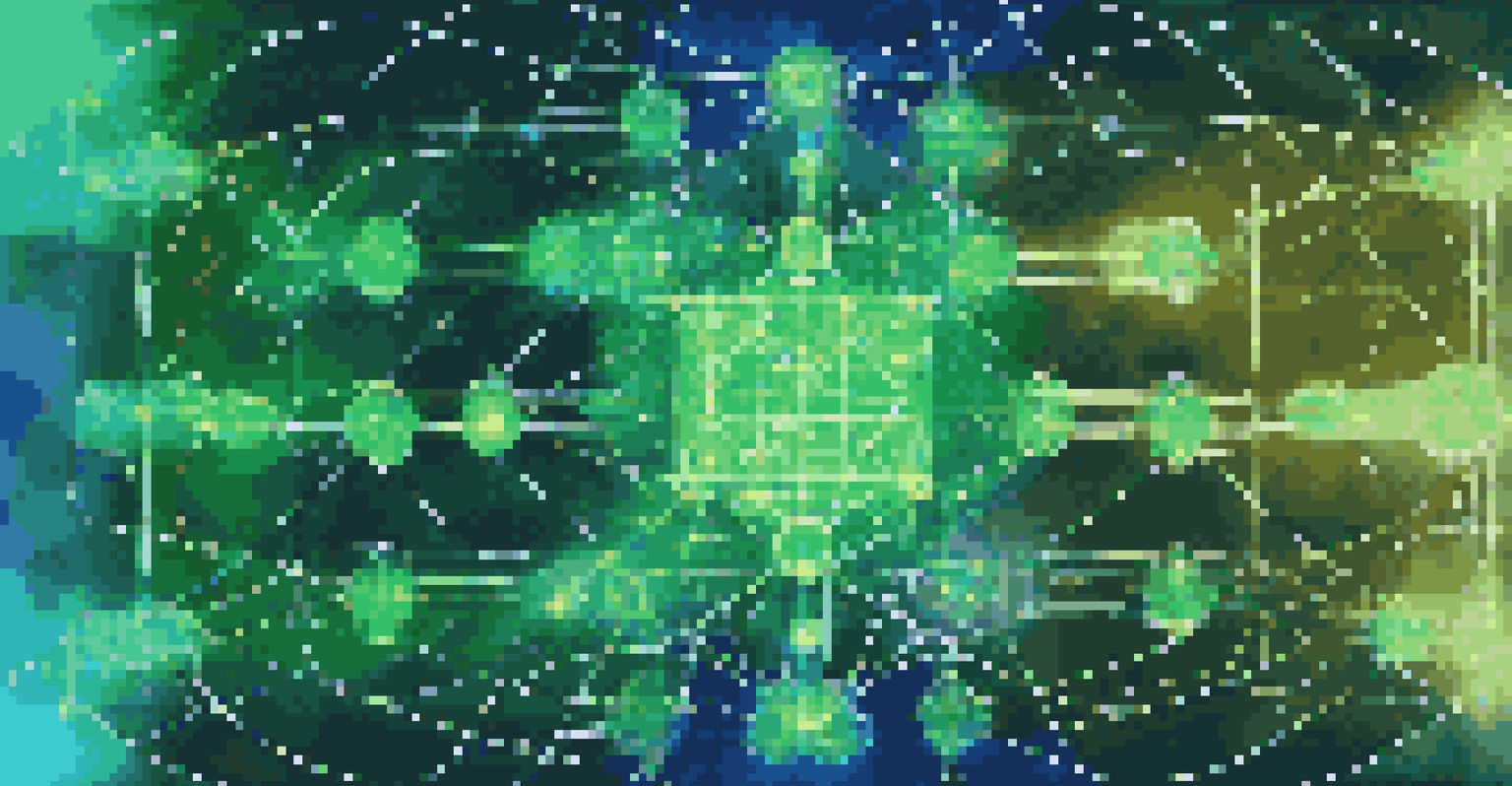 An abstract image showing a neural network with blockchain symbols and light beams, representing AI and smart contracts.