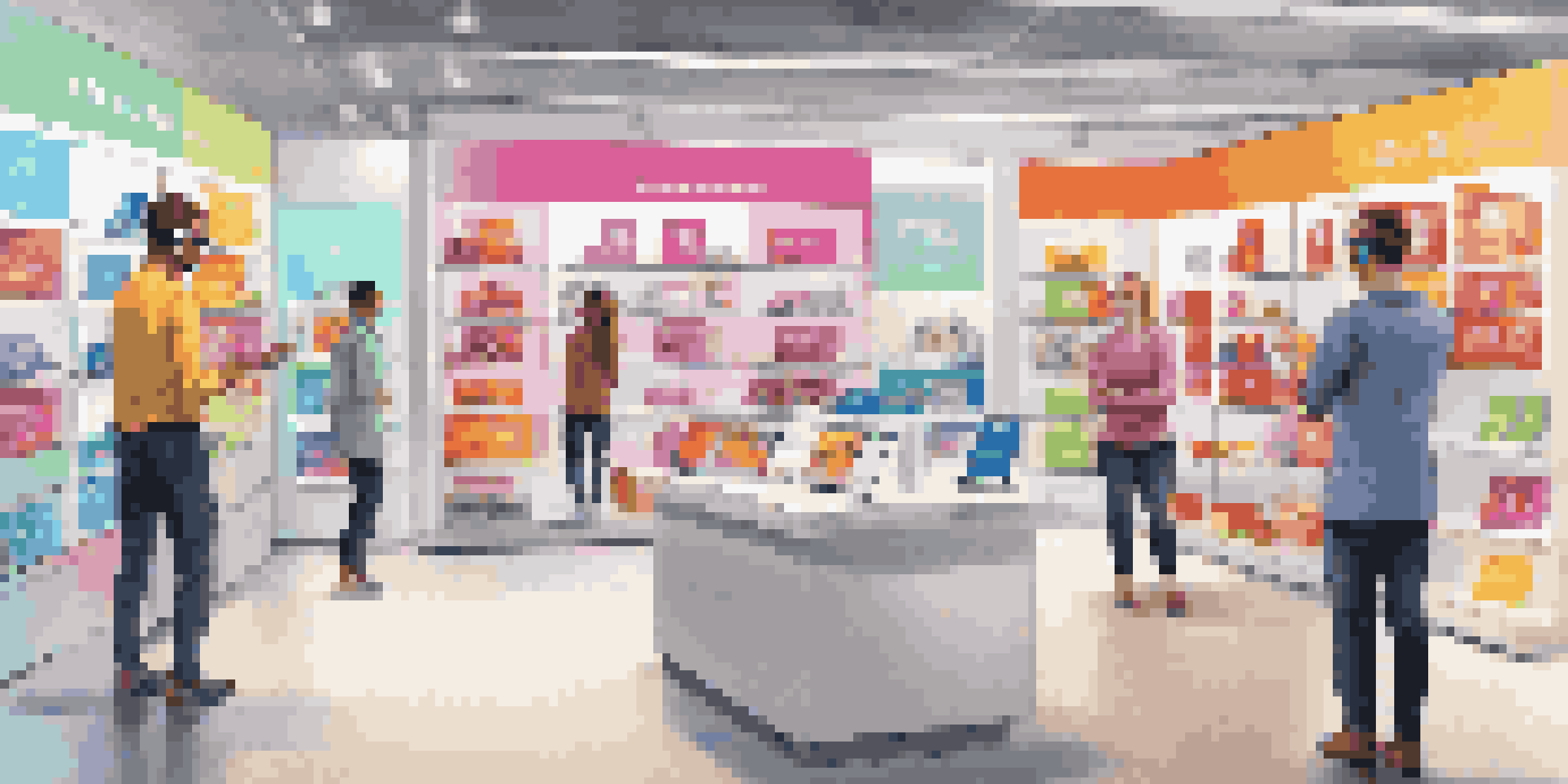 A new retail employee wearing augmented reality glasses, surrounded by colorful product displays with digital information overlays.