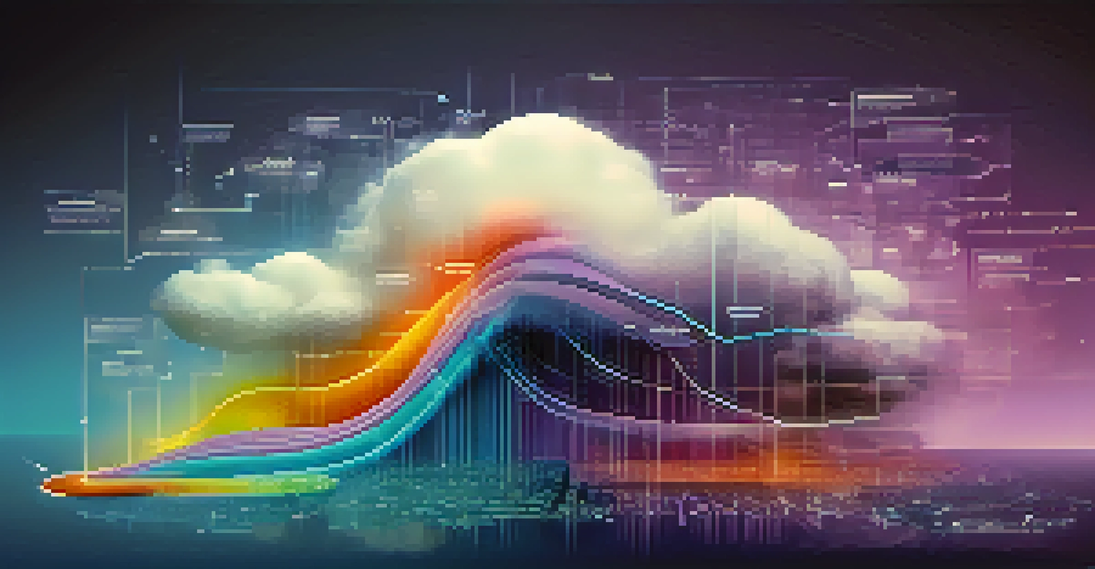 An abstract visualization of big data and cloud computing, with colorful graphs and charts on a blue-purple gradient background.