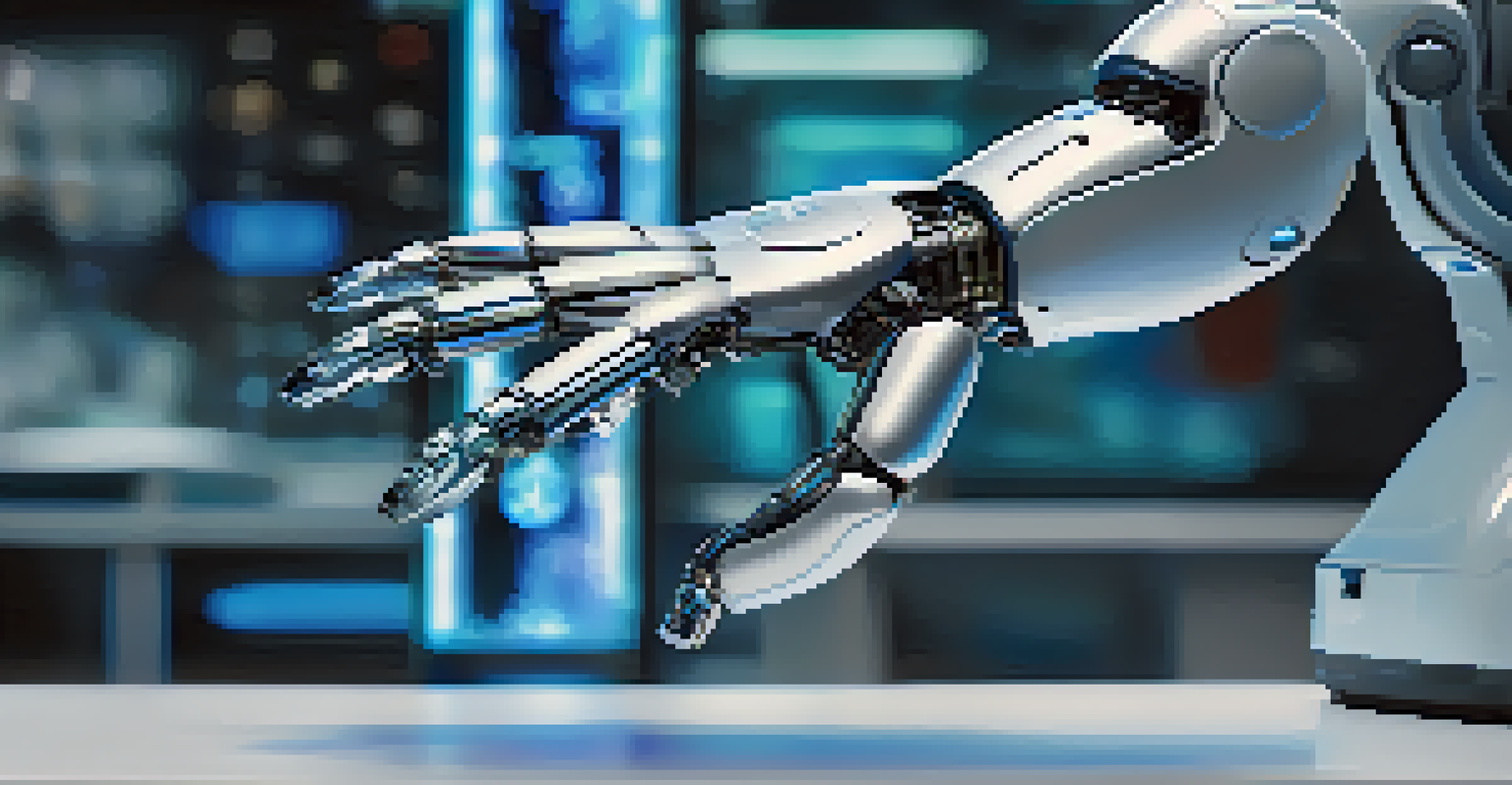 A robotic hand interacting with a digital interface showcasing automated tasks in a blurred office setting.