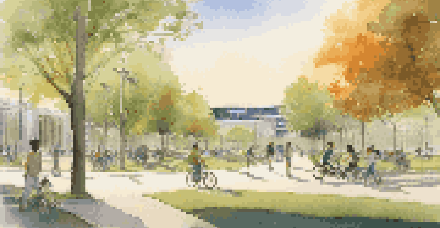 A peaceful park in a smart city with people walking and biking, children playing, and modern buildings in the background during a beautiful sunset.