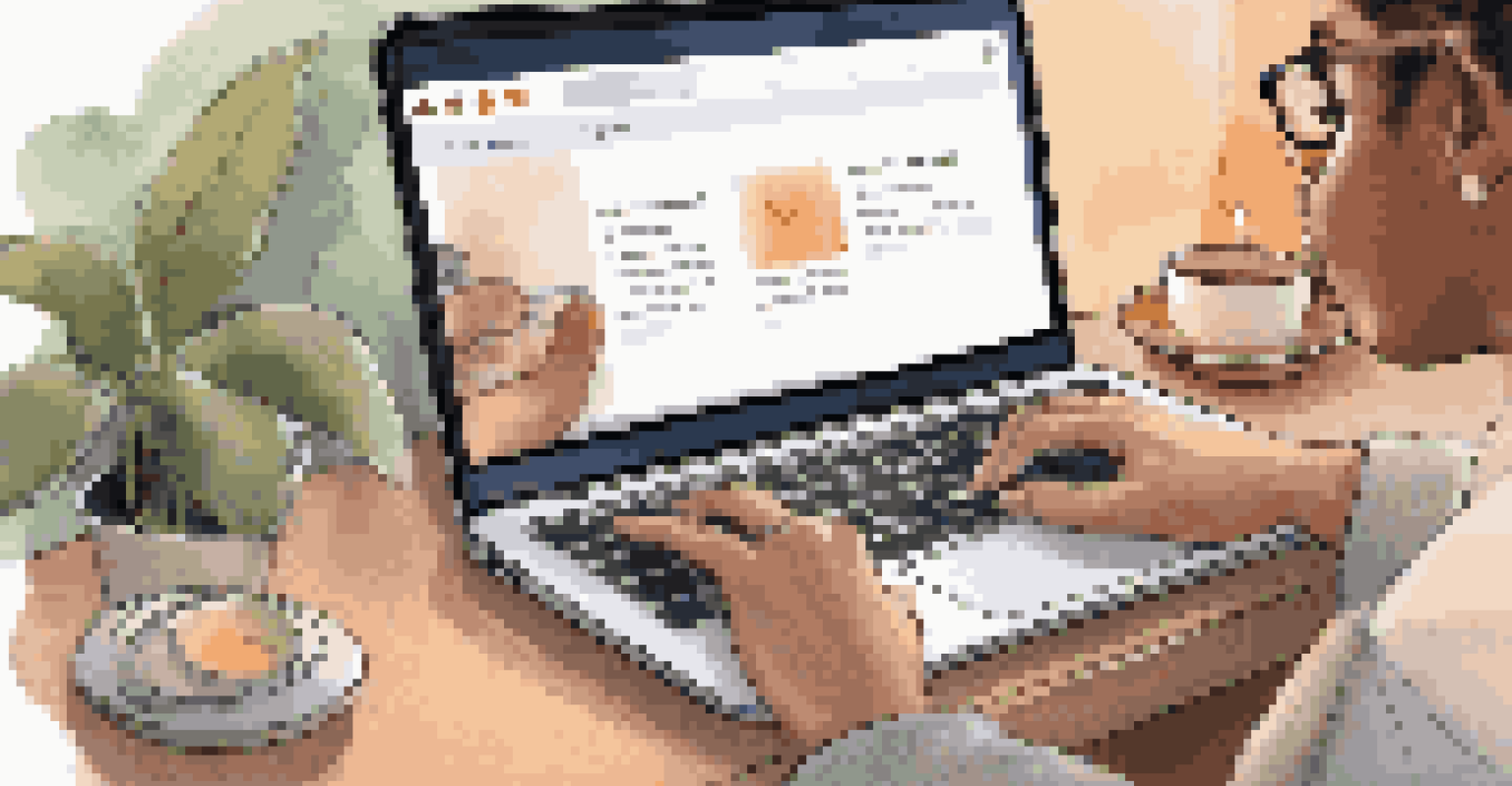 Close-up of hands typing on a laptop during an online webinar, with a cup of tea beside it.