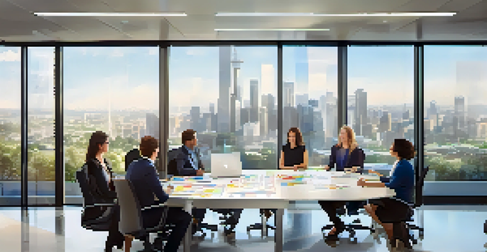 A diverse team in a modern conference room discussing data governance metrics, with charts on a screen and a city skyline visible through large windows.