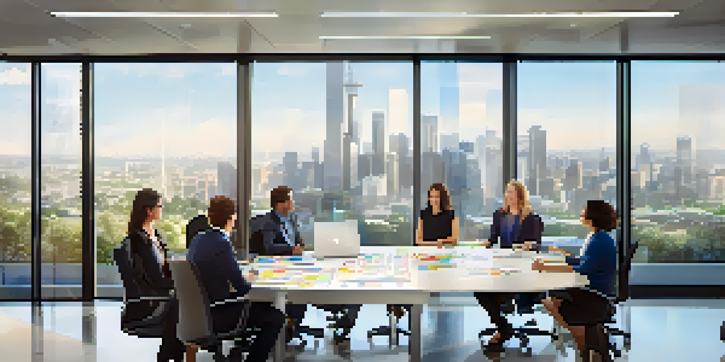 A diverse team in a modern conference room discussing data governance metrics, with charts on a screen and a city skyline visible through large windows.