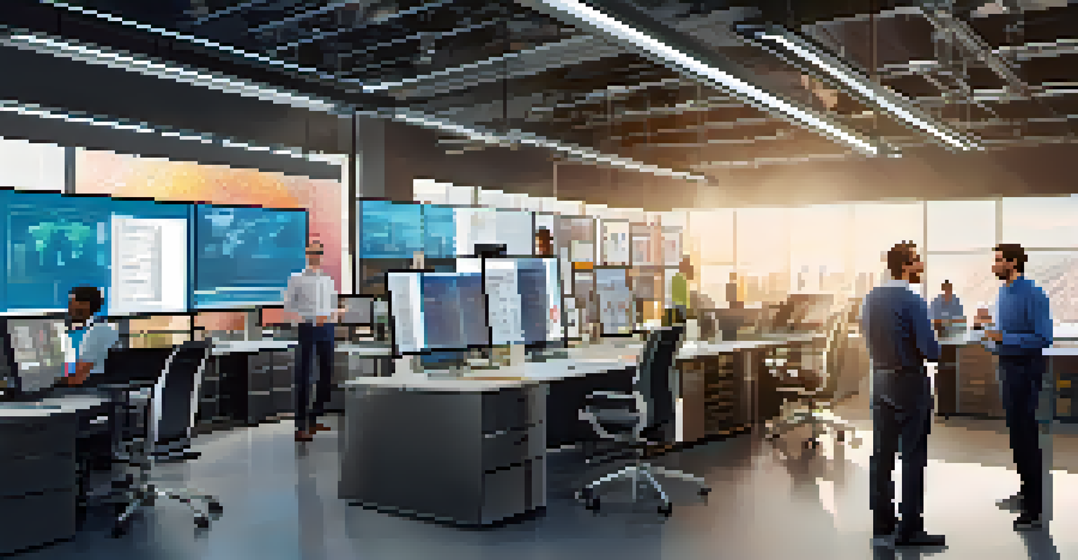 A diverse team of engineers collaborating in a modern workspace, with high-tech equipment and a large data display screen.