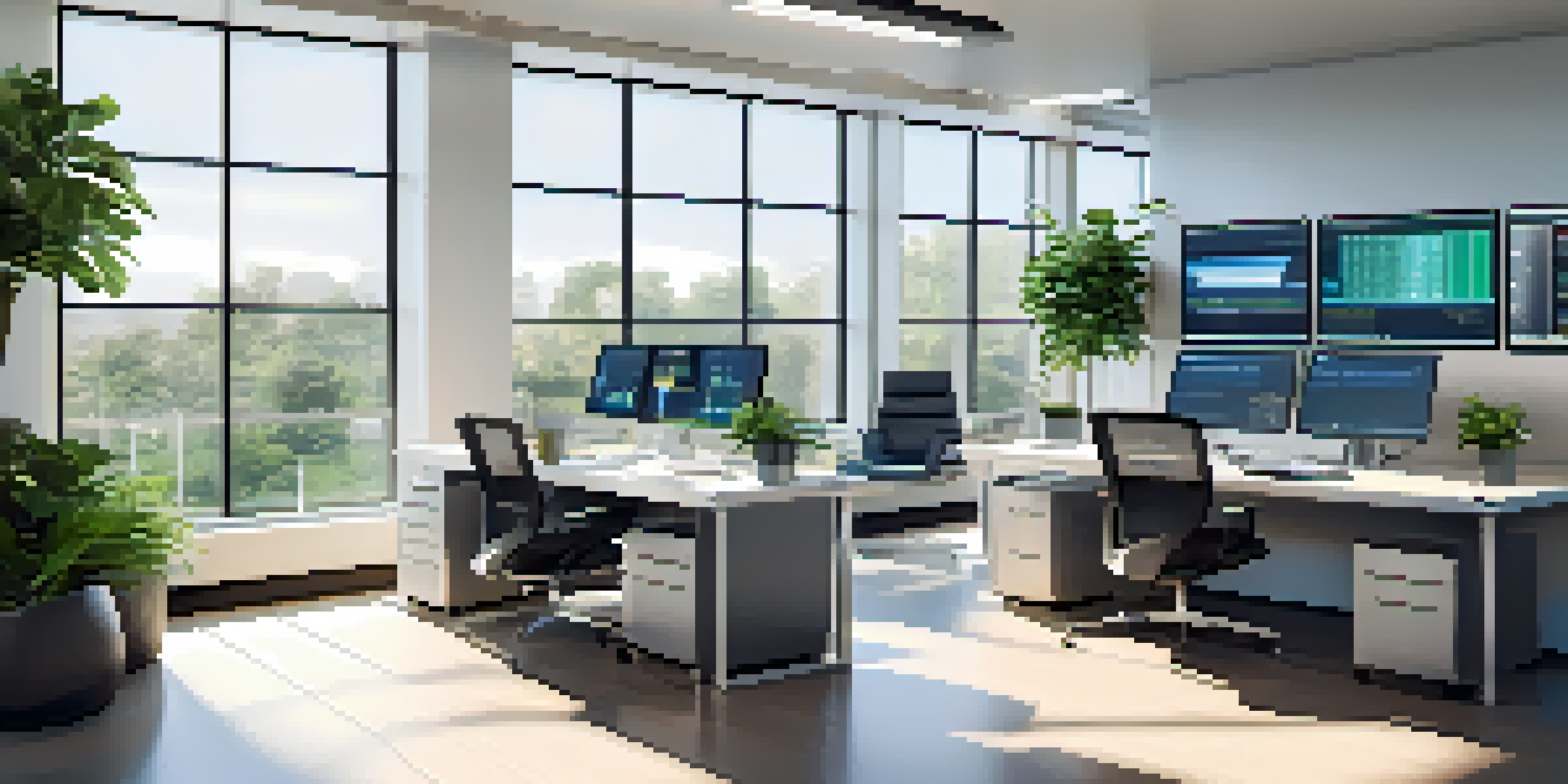 A contemporary office workspace with a computer setup showing RPA dashboards and natural light from large windows.