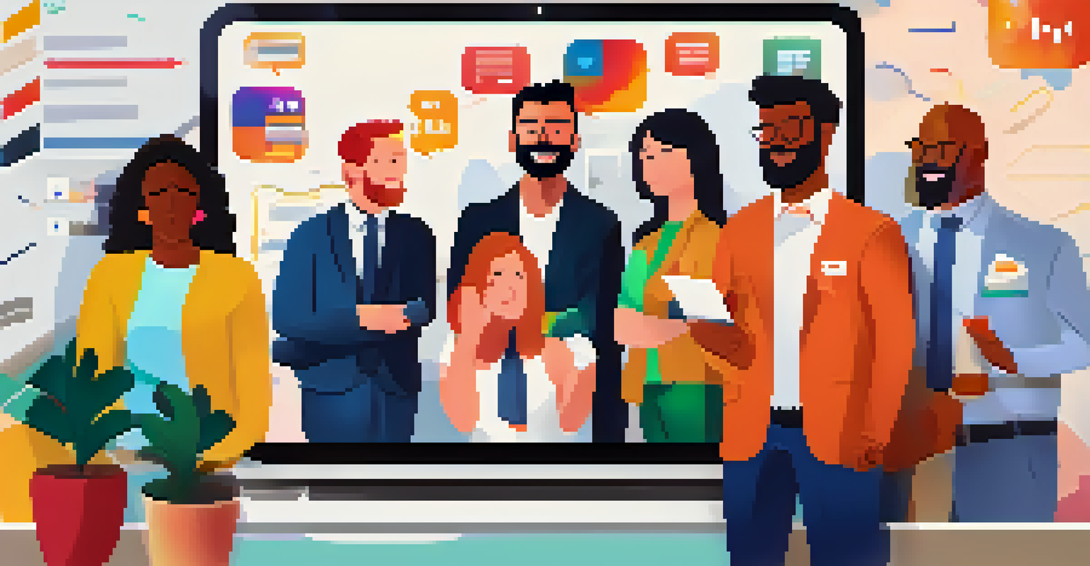 A computer screen showing a virtual team meeting with team members participating in a game, alongside graphics of badges.
