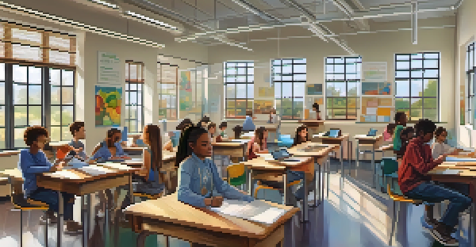 A diverse group of students in a bright classroom using tablets for personalized learning, with a teacher supporting them.