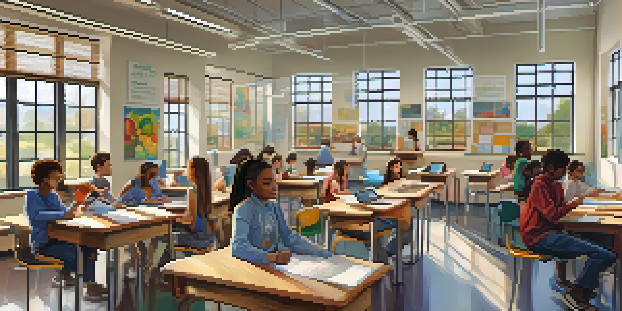 A diverse group of students in a bright classroom using tablets for personalized learning, with a teacher supporting them.