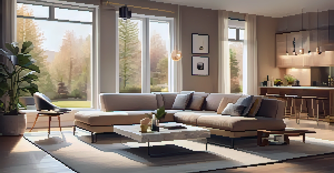 A cozy living room showcasing smart home devices, including a smart speaker, smart lighting, and a thermostat, with plenty of natural light.