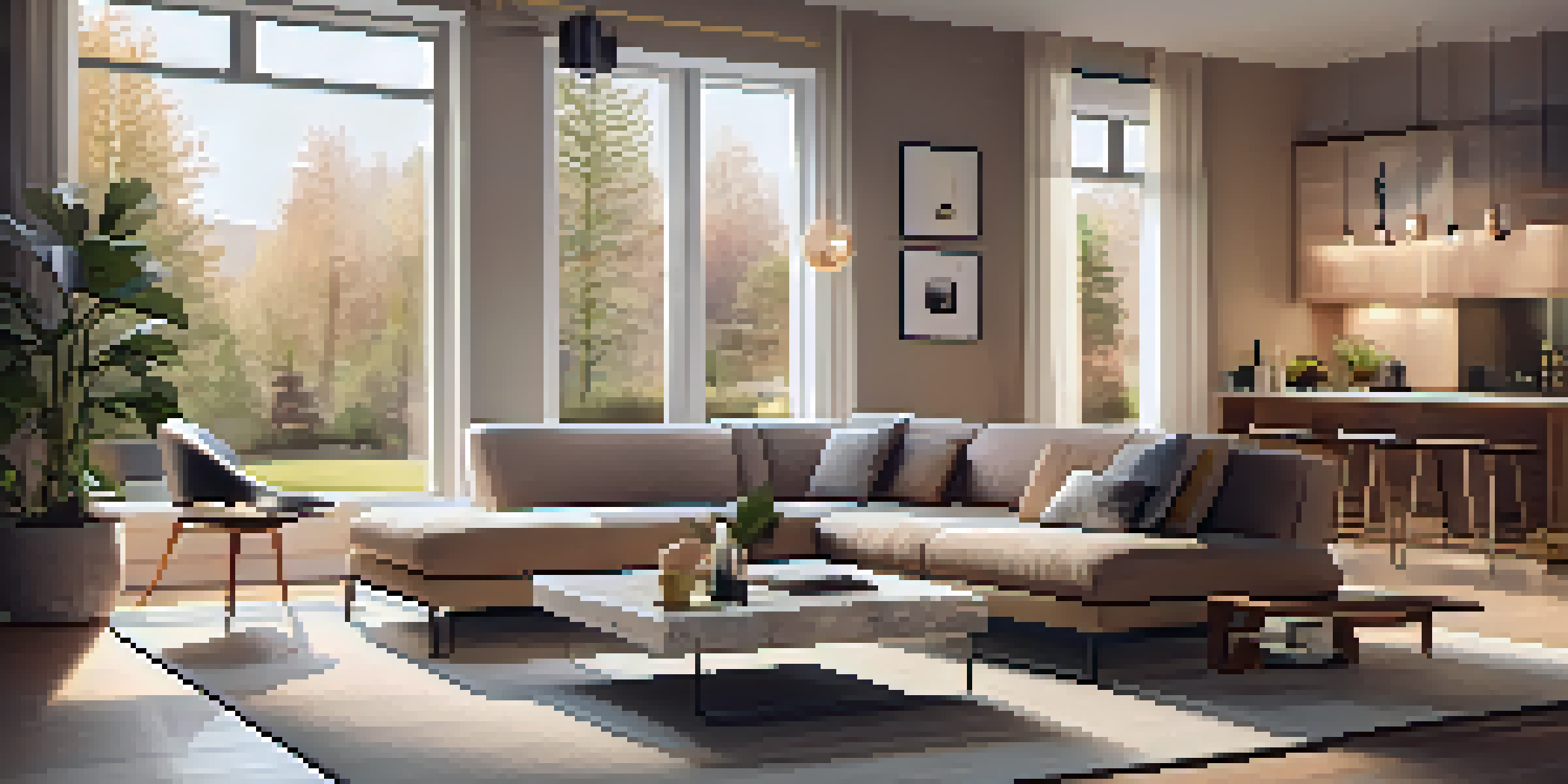 A cozy living room showcasing smart home devices, including a smart speaker, smart lighting, and a thermostat, with plenty of natural light.
