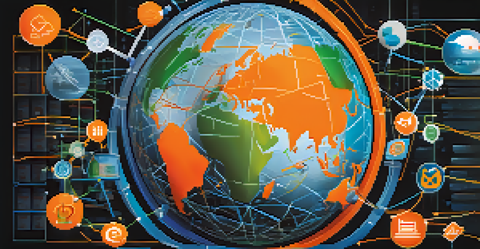 A globe with interconnected lines representing global supply chains, featuring industry icons and a vibrant color palette.