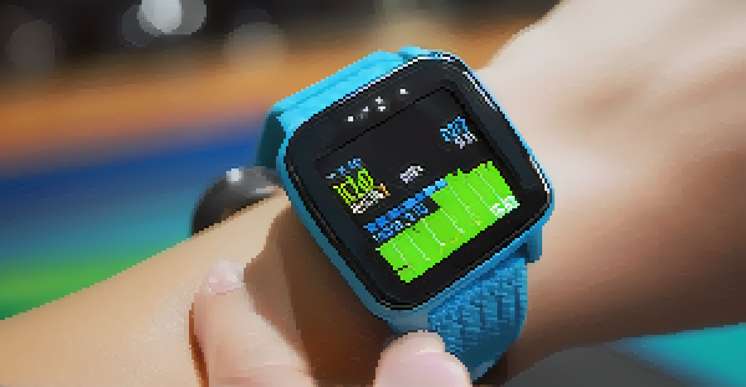A close-up of a fitness tracker on a wrist, displaying heart rate and activity levels, with a blurred gym background.