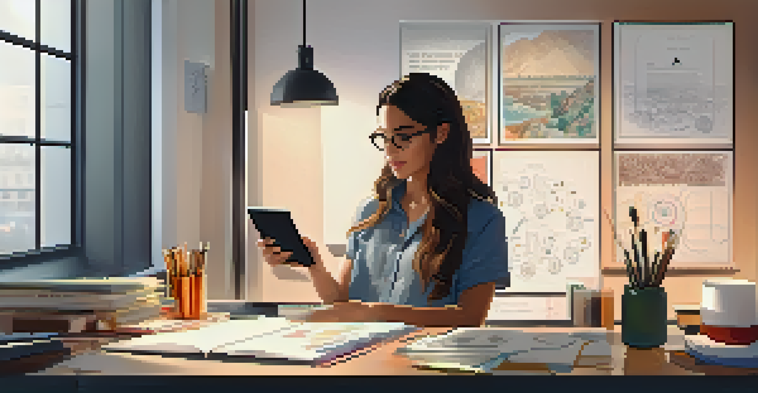 A young woman testing a mobile app on a tablet at a stylish desk with design sketches around her.