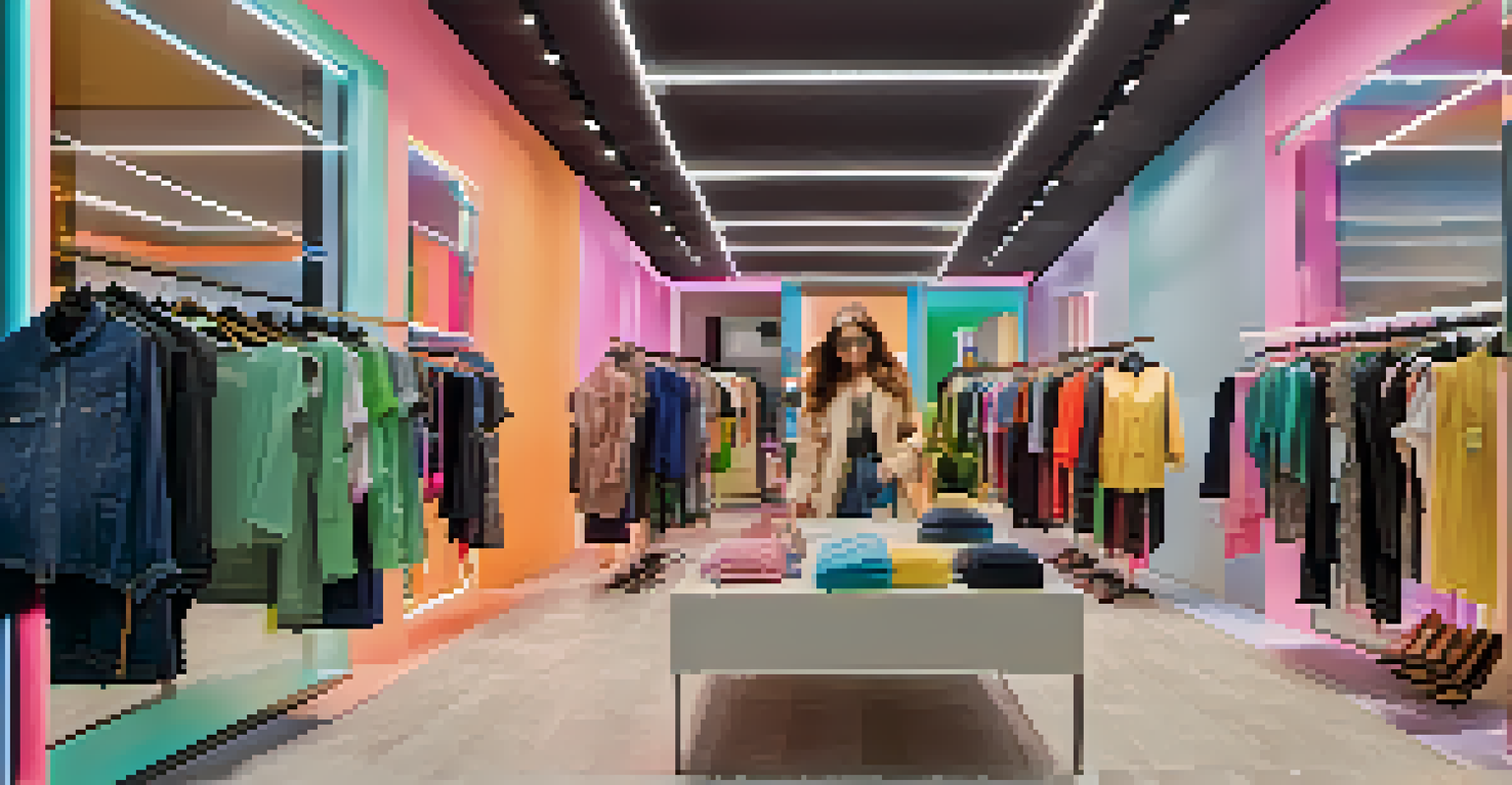 Customers trying on clothes using augmented reality mirrors in a modern retail store.
