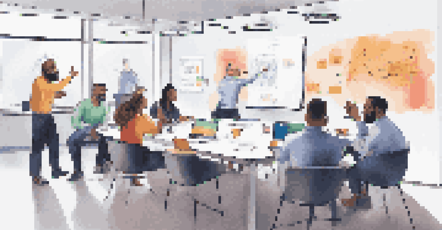 A diverse team of professionals collaborating at a conference table with laptops and notepads, discussing a colorful DevOps roadmap displayed on a projector.