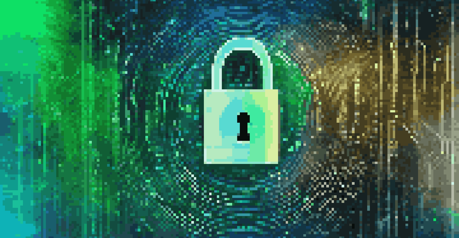 An abstract image of a digital lock over flowing binary code, with a blue and green gradient background representing security and trust.