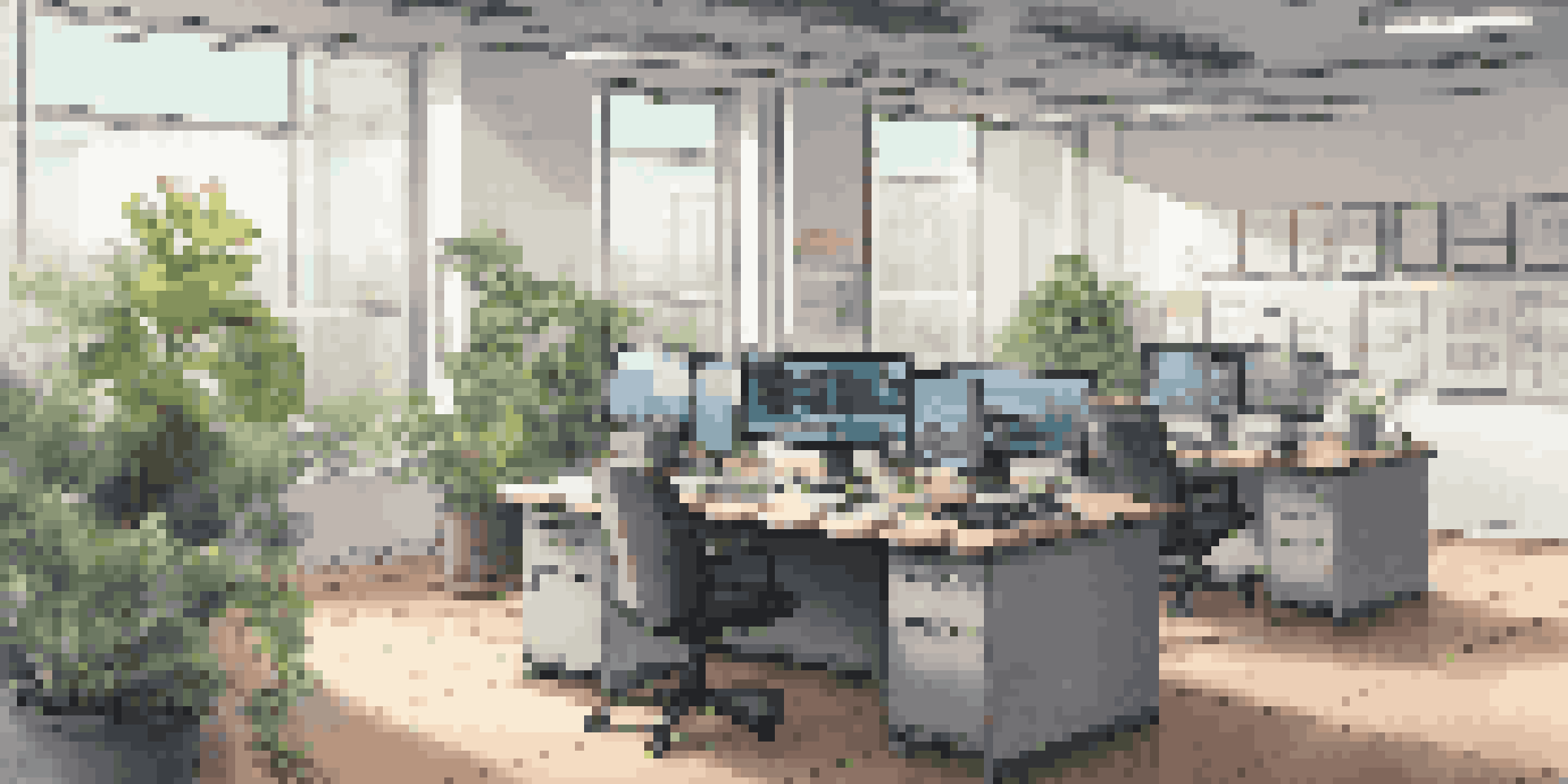 A bright modern office with a desk, computer screens, and digital forensics tools, including laptops and hard drives, illuminated by natural light.
