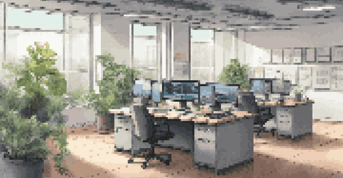 A bright modern office with a desk, computer screens, and digital forensics tools, including laptops and hard drives, illuminated by natural light.