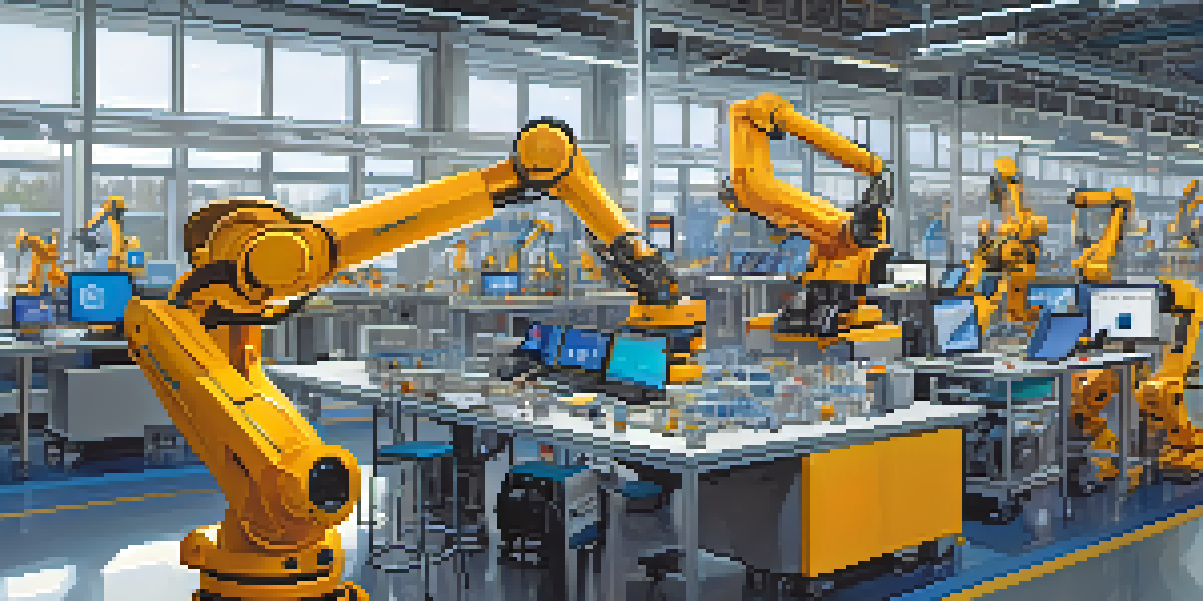 A bright and modern manufacturing facility with robots and humans working together, featuring data screens and organized machinery.