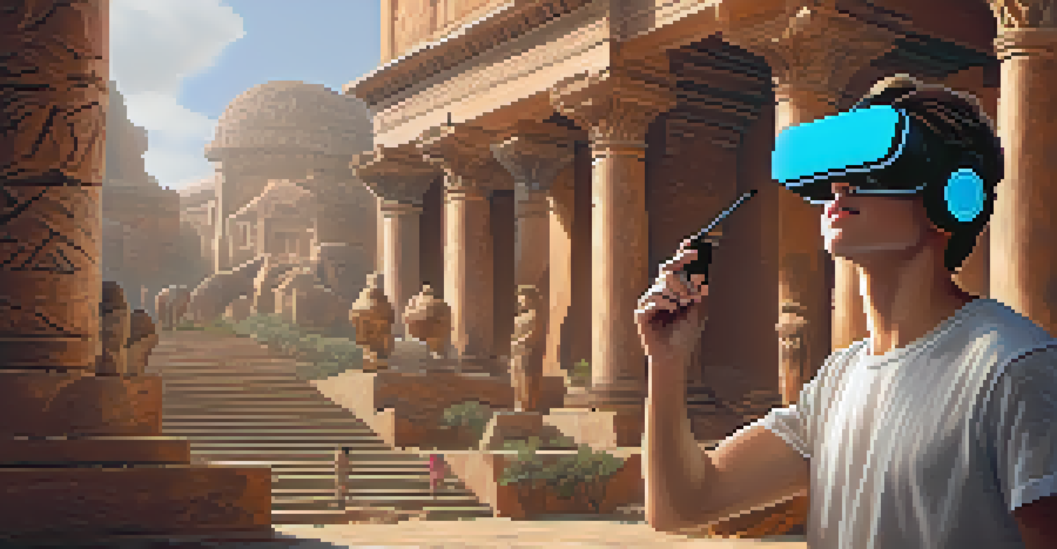 A student wearing virtual reality glasses, exploring a digital ancient civilization with 3D models around.