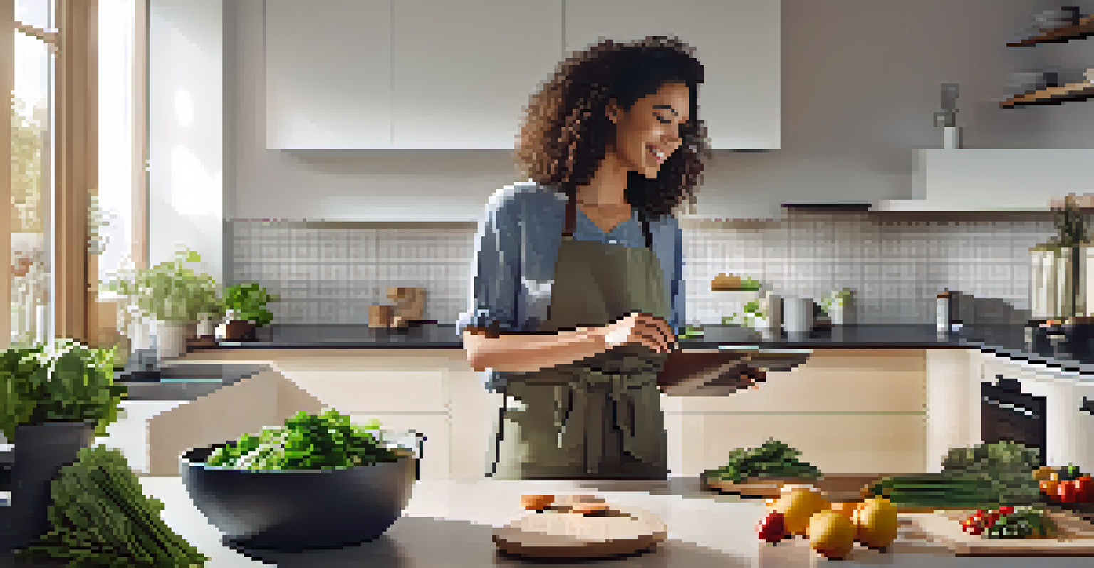 A person in a bright kitchen using voice commands with an AI personal assistant on a smart speaker while preparing a meal.