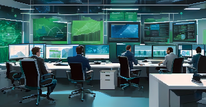 A diverse team of cybersecurity professionals working together in a modern office, with high-tech monitors and natural light.